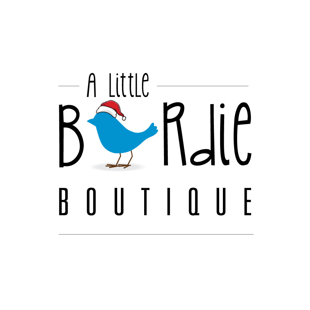 The words "a little birdie boutique" with a little blue bird as the first letter "i" in the word "birdie"