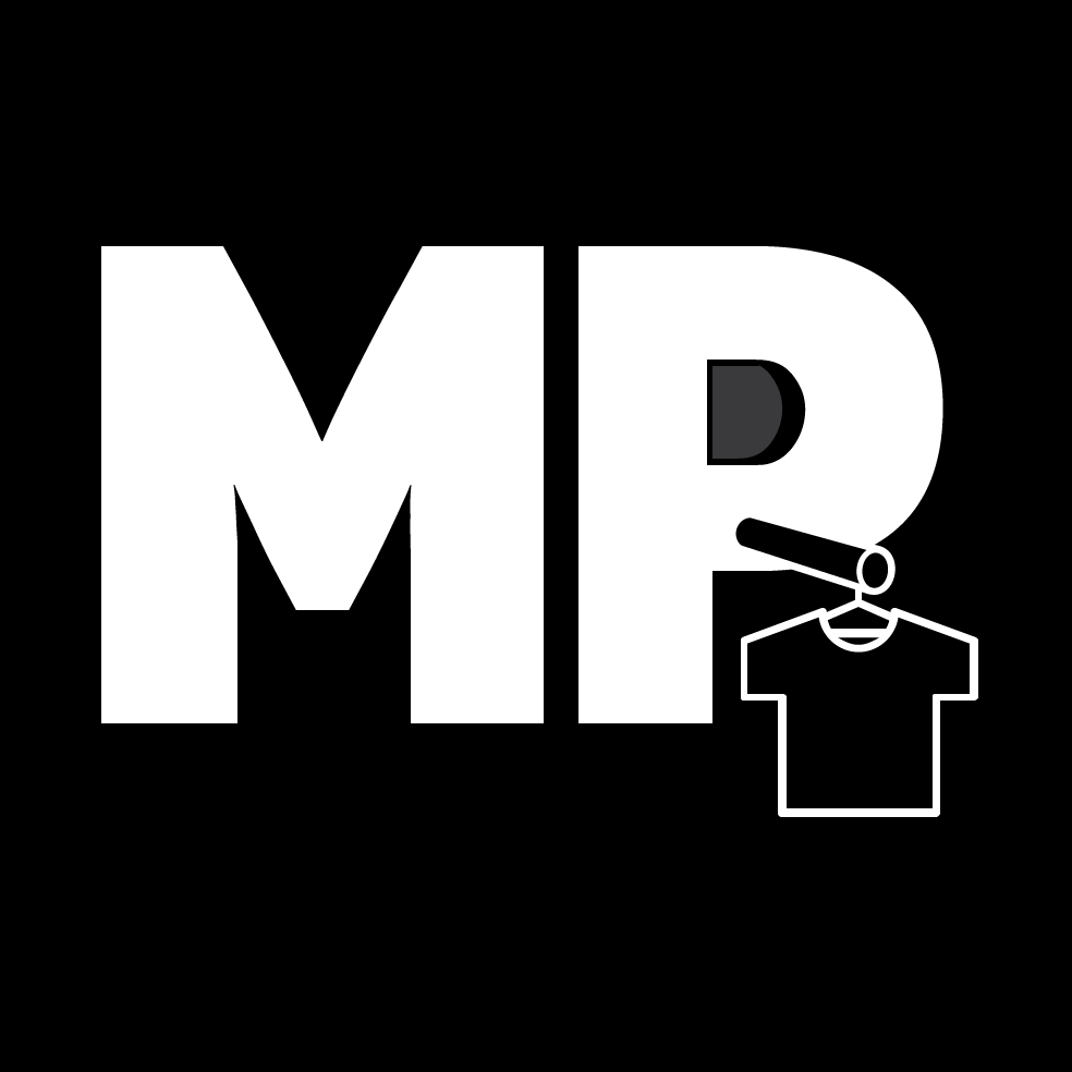 Letters M and P with a t-shirt hanging off a bird perch 