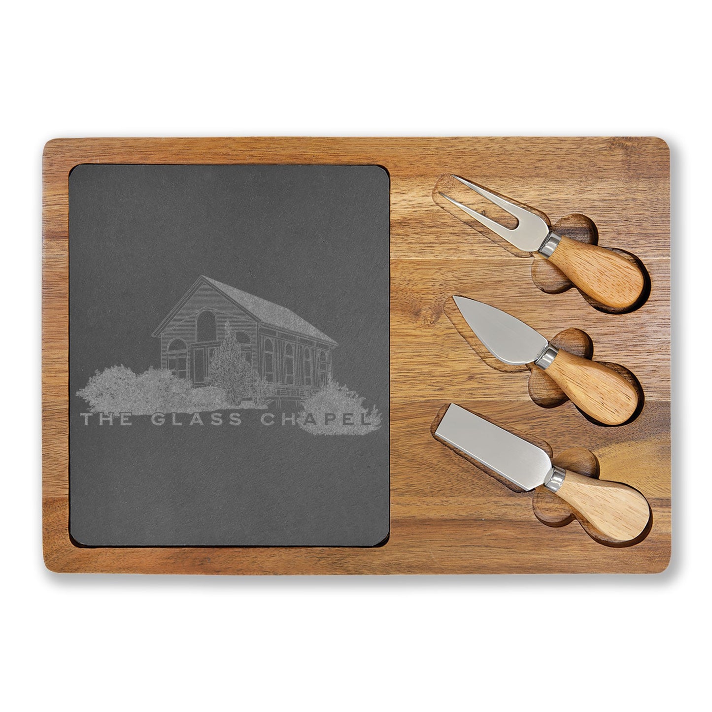 The Glass Chapel Charcuterie Boards with Slate Inset & Cheese Knives