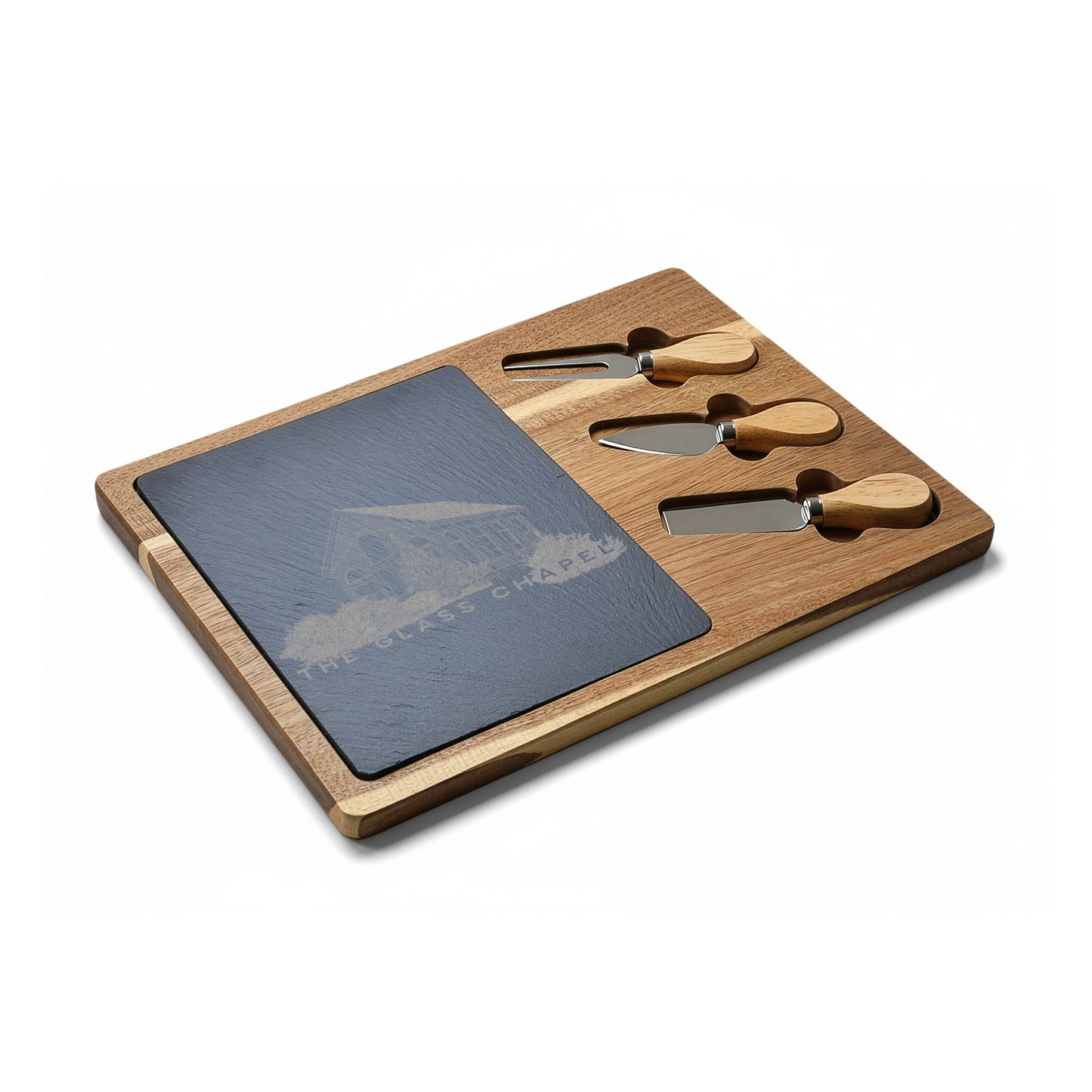 The Glass Chapel Charcuterie Boards with Slate Inset & Cheese Knives