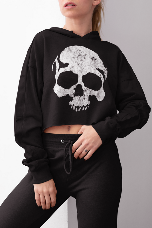 Distressed Skull Cropped Hoodie